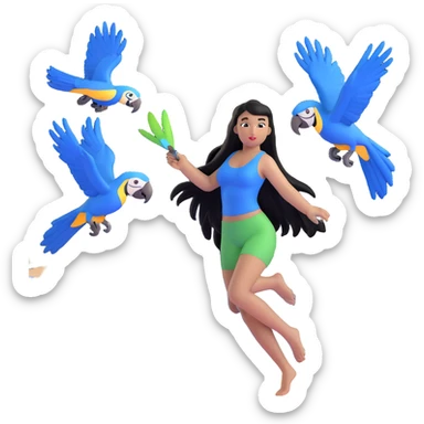 woman with long straight black hair, light brown skin, with blue macaws flying around her, and the three arches of Atalaia Beach (Aracaju-SE) in the background sticker