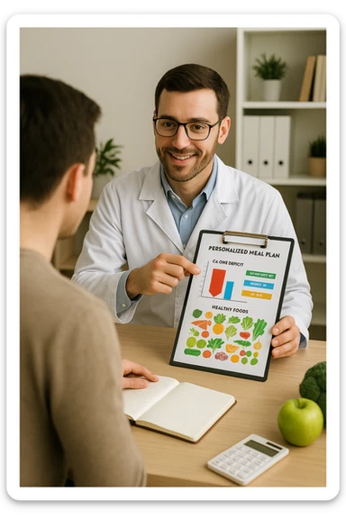 a nutritionist sits at a desk with a client, showing a personalized meal plan and a chart that clearly displays the client’s specific daily caloric deficit. The nutritionist points to the chart, which includes recommended calories, macronutrient breakdown, and healthy food options. The mood is professional, supportive, and educational. in italiano sticker