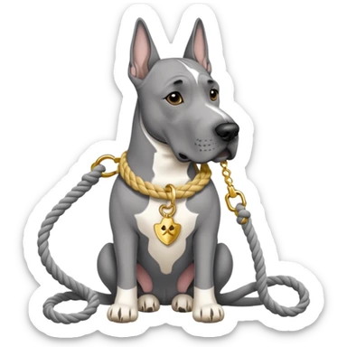 Gray Great Dane with white rope collar and rope Leash with gold accents  sticker
