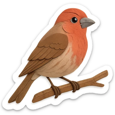 close-up of a house finch perched on a tree branch, fine paper edges, expressive eye, red and brown plumage sticker