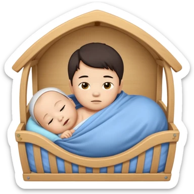 swaddled Asian baby boy lying in a wooden crib, emoji style sticker