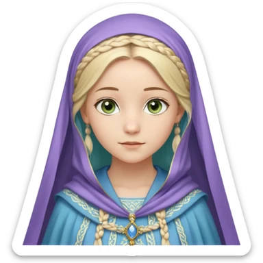 Joven de unos 30 años, de aspecto dulce y elegante.
Piel clara, ojos (pueden ser azules o verdes)
Rubio o castaño claro, largo, con trenzas o velo.
Vestido largo de tonos suaves (blanco, azul o lavanda), con bordados dorados; un manto o toca fina cubriendo la cabeza. Haz todo el cuerpo sticker
