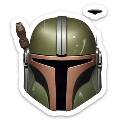 Olive and rust colored Mandalorian helmet with antenna sticker