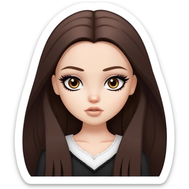 straight long brown hair, pale skin skin, dark brown eyes, pretty bratz baddie, black eyeliner sticker