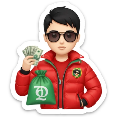 a pretty bratz boy with black hair, holding a bag of money, sunglasses on, red puffer jacket sticker