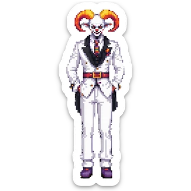 full-body demonic clown in a white leisure suit with bellbottom pants, bald, with black ram horns, flashy belt, ruffled shirt, no neck tie sticker