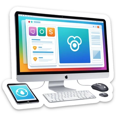 Modern icon for Web Design: computer screen with a website layout, design tools like a mouse and a stilus, web elements such as icons and wireframes. Transparent background. sticker