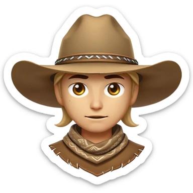 Clash of Clans aesthetic friendly Cowboy Portrait Emoji, With a rugged yet stylized build wearing a classic wide-brimmed hat and bandana, his face rendered in a natural skin tone (not yellow), determined eyes and a steely gaze, Simplified yet dynamic features, highly detailed, glowing with a warm, sunlit frontier radiance, high shine, brave and spirited, stylized with an air of Wild West heroism, focused and ready, soft glowing outline, capturing the essence of a fearless cowboy adventurer ready to ride into epic quests! sticker