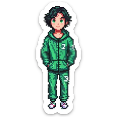 male character in a green Squid Game tracksuit with number 333, smirking, sharp black eyes, messy short black hair, slight stubble, flipping a coin, mysterious and strategic expression, pixel art style sticker
