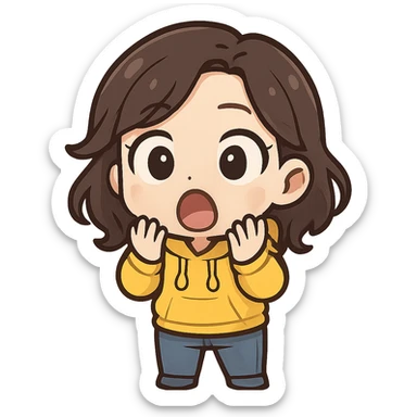 chibi emote of a woman in a yellow hoodie and jeans, surprised shocked expression, no headband, no sparkles, no wand, transparent background sticker