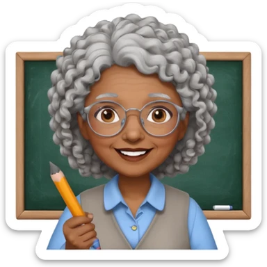 old woman teacher, brown skin, curly grey white hai, wearing glasses, hold chalk on hand sticker