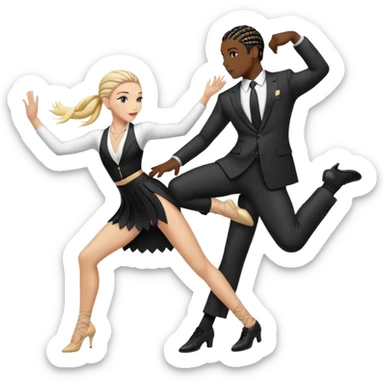 Black guy with black  cornrows in a suit with white girl with blonde hair and a fancy dress doing a split posing for a fashion show sticker