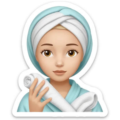 A gril that her head covered with towel and skincare plis hide the hair and this girl shuold be using a skincare product sticker
