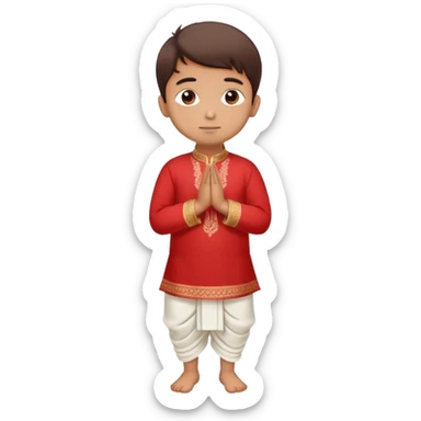 Full body Bengali boy wearing traditional red kurti and white dhoti with hands joined in prayer position sticker