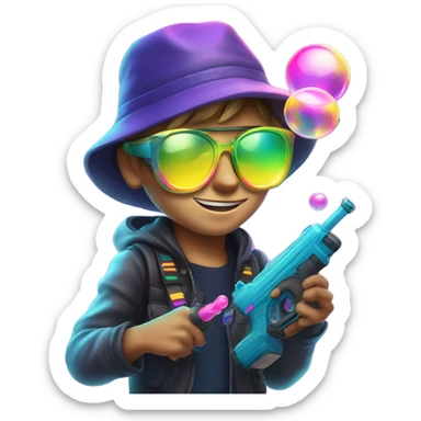 Caucasian boy in glowing rave gear with sunglasses and mask and hat and shooting a bubble gun sticker