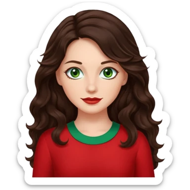 Leslie Bryant from Summer of Fear with long dark brown wavy hair, green eyes, red outfit sticker