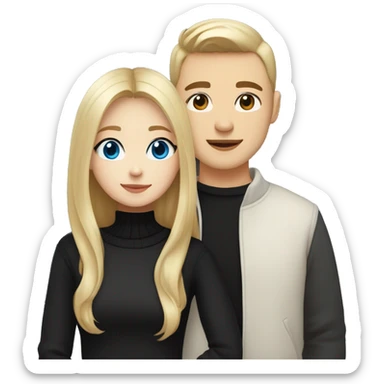 dark Blonde girl with blue eyes in black sweater and an east asian with light skin man with black hair and black eyes hugging sticker
