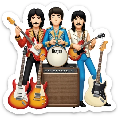 Rock music icon: dynamic collage of global rock legends like The Beatles, Jimi Hendrix, Elvis Presley, Led Zeppelin, Queen, and Nirvana, surrounded by guitars, amplifiers, and stage lights. Symbolizing the energy and power of rock music. Transparent background. sticker