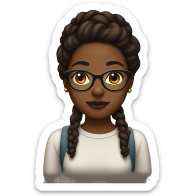 Black girl with really dark brown hair, with slightly dark faded ginger on the ends of her hair, with glasses slightly plump lips, dark brown eyes, nice thick brown brows, big cute nose sticker