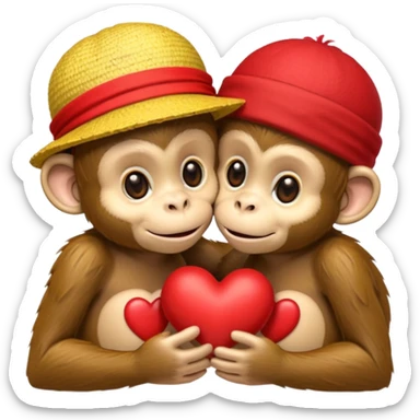 two cartoon monkeys hugging and kissing. The larger monkey is wearing a yellow straw hat like Luffy’s from One Piece. The smaller monkey is wearing a solid red headband. A small red heart floats between them to express affection. sticker