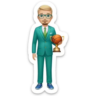 Full Body white male wearing glasses with a goatee with dirty blond very short hair basketball head Coach in blue and green suit holding trophy sticker