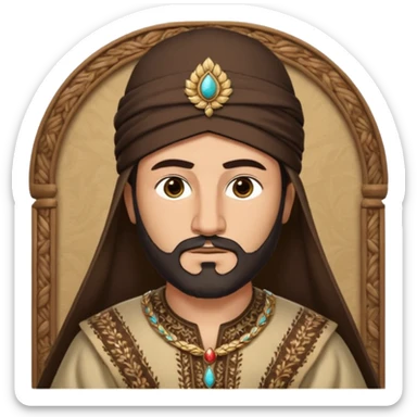Memoji of Tuğrul Bey with wheat-toned complexion, almond-shaped brown eyes, thick arched eyebrows, dark hair, neatly trimmed short beard, serious expression, traditional Seljuk pointed hat (börk) with ornamental details, fur-lined kaftan collar, charismatic and authoritative sticker