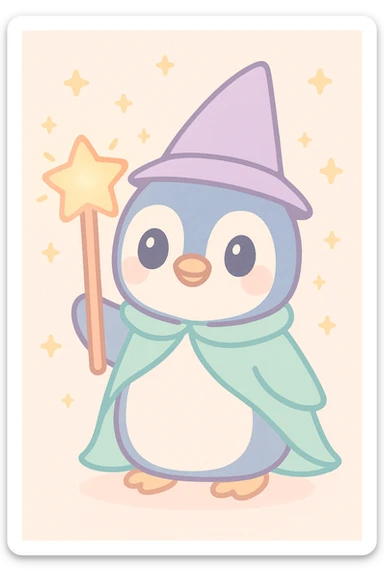 a penguin dressed as a wizard, with a pointed hat and a magic staff, in a fun and whimsical style sticker