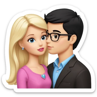 pretty light blonde girl barbie kissing boy nerd with black hair and tan skin on the cheek sticker