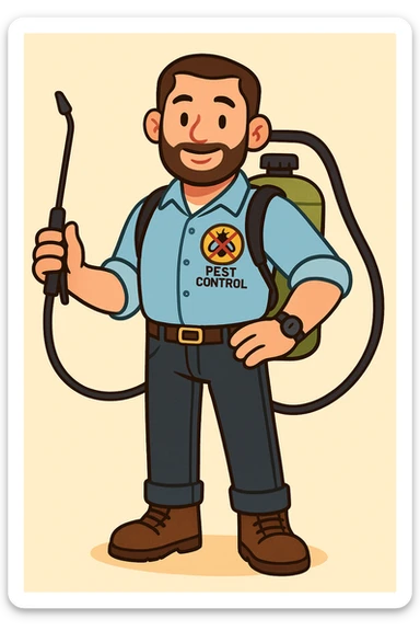 A friendly male pest control technician with short beard and short hair, wearing a light blue uniform shirt with rolled-up sleeves, dark jeans, brown boots, and a black wristwatch. He has a patch on his chest with a colorful anti-pest logo (insects crossed out) and the words 'PEST CONTROL'. He carries a green fumigation tank on his back with a black hose and holds the spray wand in one hand. He has a confident and approachable expression. The illustration should use bold outlines, warm colors, and clean, flat shading style. The background should be simple or light beige, in a pastel toon style. sticker
