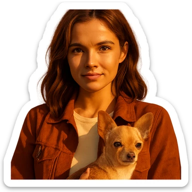 portrait centered of a woman inspired by Zoe Deutch's face, tanned complexion, subtle freckles, playful and determined expression, medium-length brown hair with auburn highlights, wearing a shirt color #FFF8CA, rust-colored jacket, holding a beige-brown chihuahua, golden hour lighting effect, transparent background, Netflix series style sticker
