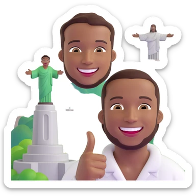 smiling black man with big teeth, standard male haircut, oval face, with Christ the Redeemer statue in the background, Rio de Janeiro, no glasses sticker
