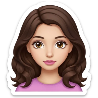 girl with wavy long dark brown hair, brown eyes, light to medium complexion, long lashes, almond shaped eyes, light pink lipstick sticker