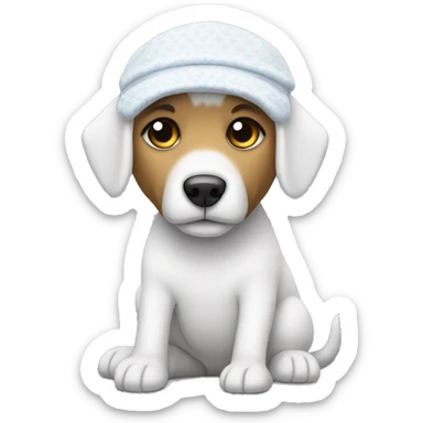 Un perro de peluche blanco con un pijama y un gorro blanco y muy delgado sticker