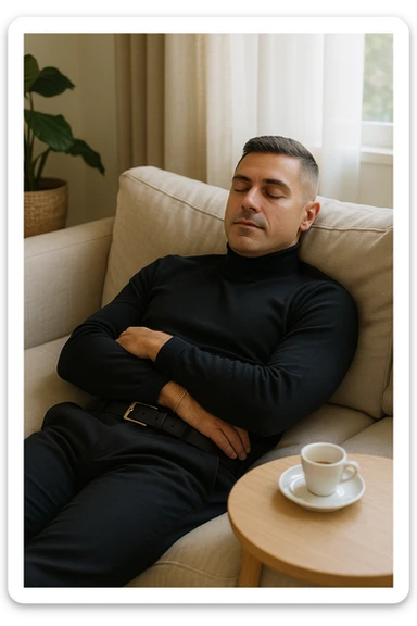 Uomo adulto in abiti casual in un ambiente domestico o ufficio tranquillo, mentre beve un caffè espresso con espressione consapevole. Subito dopo, si sdraia su un divano per un breve riposo di 20 minuti, occhi chiusi, posizione rilassata. La stanza è luminosa ma tranquilla, luce pomeridiana morbida che filtra dalla finestra. Atmosfera rigenerante e silenziosa. Accanto a lui, una tazzina vuota. Il suo viso appare calmo, in attesa del recupero energetico sticker