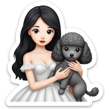 A beautiful girl with long black hair in a wedding dress holds a small gray poodle sticker