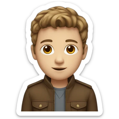 white young boy with middle part brown hair and a brown jacket sticker