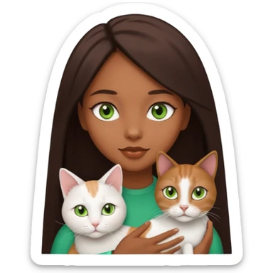 black girl with brown eyes with straight long dark brown hair with a side part holding a female white cat with green eyes sticker