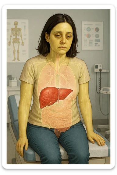 a woman in her 30s sits on a doctor’s examination table, her skin slightly yellowish (jaundice) and her expression tired. A transparent anatomical overlay highlights her liver, which appears enlarged and inflamed with a reddish, congested look. Subtle visual cues—such as dark circles under her eyes and a bloated abdomen—emphasize the symptoms of liver overload and toxicity. The background is a clinical setting, with medical charts and equipment. sticker