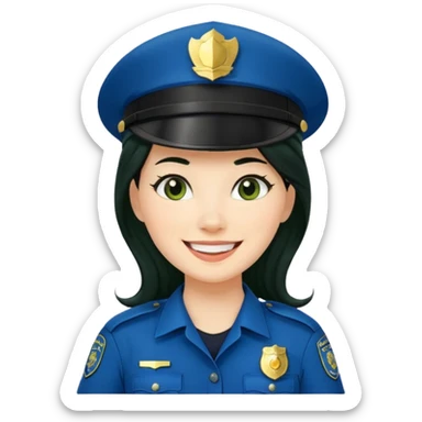 Female POLICE IN green, long black hair, happy smile sticker