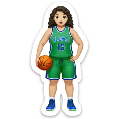 full body plus size light skin latino women basketball player with wavy dark hair large wide nose wearing blue with green uniform sticker