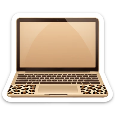 minimal flat emoji of an open laptop with a leopard-print cover, clean vector lines, warm beige and brown tones, modern aesthetic, transparent background, high-quality icon sticker