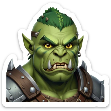 Cinematic Realistic WoW Orc Warrior Portrait, head tilted epicly and inquisitively, showcasing a commanding presence and raw, unyielding power. His battle-hardened green skin and muscular form, accented by meticulously crafted tribal armor in deep earthy hues, are rendered with lifelike clarity and dynamic lighting, high shine, epic and awe-inspiring, embodying the relentless spirit of an orc warrior ready for battle. sticker