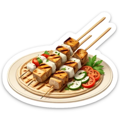 cinematic-realistic-souvlaki-dish-emoji,-showcasing-skewered,-grilled-chicken-with-mediterranean-spices-rendered-with-dynamic-textures-and-warm,-appetizing-lighting on pita bread on a plate sticker