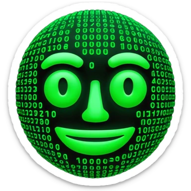Futuristic 3D emoji made of glowing green Matrix code, digital rain background, cyberpunk neon glow, dark black backdrop, minimalist rounded face, high contrast, cinematic lighting, ultra-sharp, high resolution. sticker