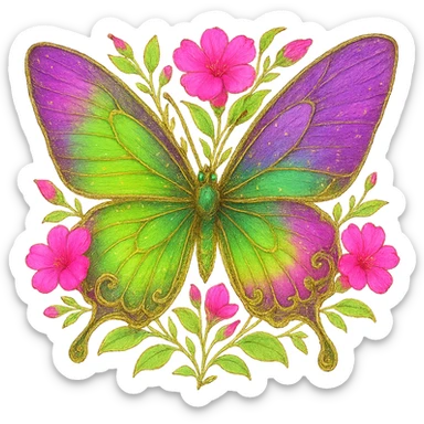 Use the last butterfly with gradient violet and #c0ff53 green colors. Add neon pink flowers and softly green leaves as in the example images. Maintain the luxurious effects and ensure the background is removed. The style should reflect a luxurious, elegant look with vibrant neon pink flowers and gentle green leaves. sticker