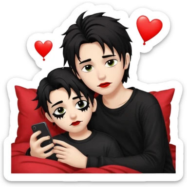 pale Goth boy with a bunch of face piercings, with shaggy dark brown hair, and messy black eyeliner , smudged, red, lipstick , having a slumber party with a tan gamer boy with long black hair  sticker