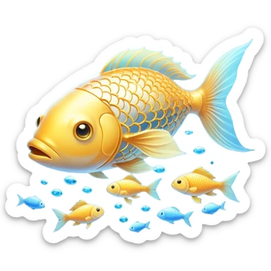 Ethereal golden fish swimming around a glowing brain, with omega-3 capsules floating between them. Flowing streams of luminous energy connect the fish, brain and omega symbol, all radiating with a soft golden light in a dreamy blue aura. sticker