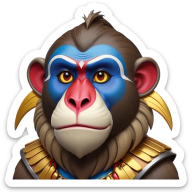 Cinematic Noble Mandrill Portrait Emoji, Poised and regal, with a striking, powerful build and a vivid, multicolored face accented by bold blue, red, and yellow hues, deep-set soulful eyes, Simplified yet sharp and sophisticated features, highly detailed, glowing with a vibrant, dignified glow, high shine, intelligent and commanding, stylized with an air of exotic majesty, focused and attentive, soft glowing outline, capturing the essence of a watchful and confident primate, so majestic it feels as though it could step out of the screen with effortless authority! sticker