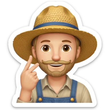 “A single emoji-style character combining 👨‍🌾😄 and 🤔: a smiling farmer man with a straw hat, friendly face, and light beard, holding one hand under his chin in a thinking gesture. His index finger rests under his face, eyes looking slightly upward as if thinking.  sticker