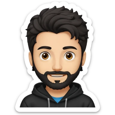 young fair skin pakistani guy smiling with black beard, wavy hair pushed back and brown eyes and big eyebrows, wearing black hoodie sticker
